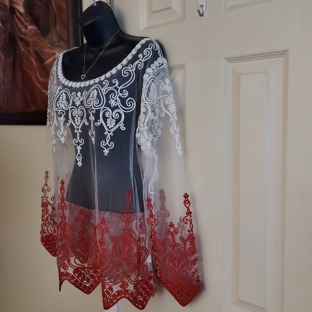 Couture Sheer Embroidered Red/White Triangular Sleeve Hem Finish Top Blouse - Picture 4 of 9